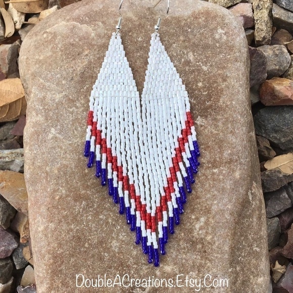 Red White and Blue Beaded Earrings with Fringe, New, Handmade by Me - Picture 6 of 9